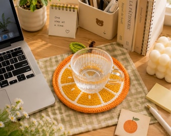Orange Crochet Coaster, Citrus Mug Rug, Handmade Fruit Coaster, Cute Kitchen Decor, Aesthetic Desk Accessory Gift