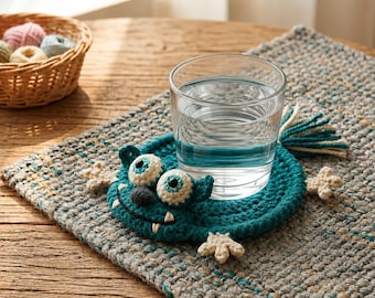 Crochet Monster Coaster, Funny Animal Mug Rug, Cute Monster Cup Holder, Kawaii Desk Decor, Handmade Drink Coaster, Gift for Her