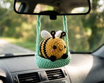 Bee Car Hanging Ornament, Crochet Bee Car Charm, Cute Car Mirror Decor, Handmade Car Accessories Gift