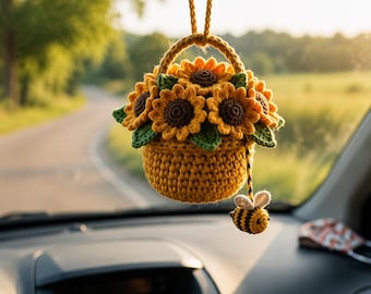 Crochet Sunflower Car Charm, Sunflower Basket Hanging Ornament, Bee Car Mirror Decor, Handmade Gift for Her, Cute Car Accessory