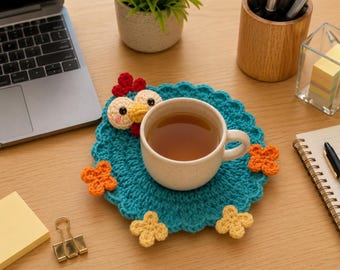 Crochet Chicken Coaster, Funny Chicken Mug Rug, Handmade Farmhouse Cup Coaster, Cute Chicken Gift, Kitchen Desk Decor