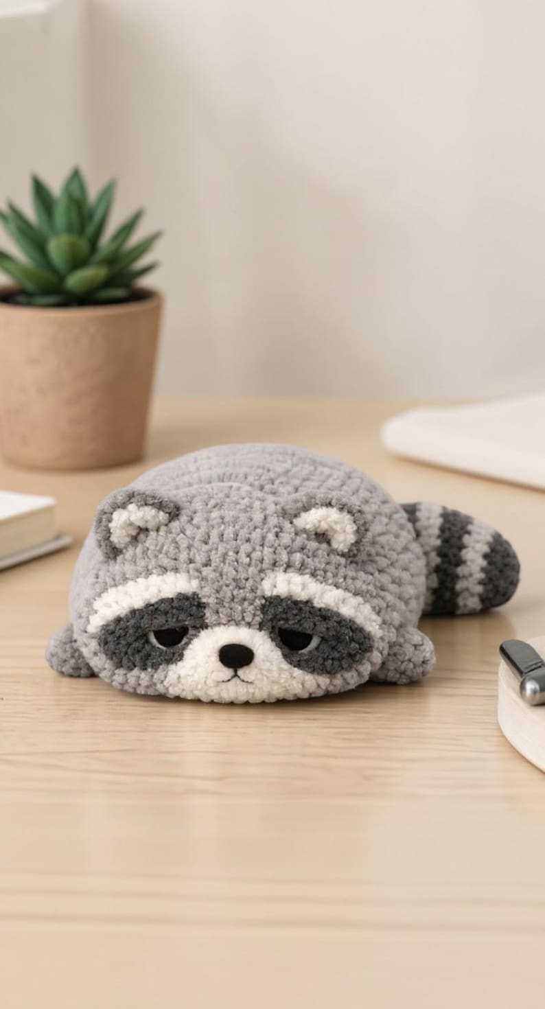 May include: A handmade, gray crochet raccoon plushie with black and white facial markings and a striped tail. The raccoon is lying down on a wooden surface. A small potted plant and a book are in the background.