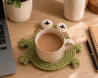 Toad Crochet Coaster, Frog Mug Rug, Cute Animal Cup Holder, Handmade Crochet Desk Decor, Funny Coffee Coaster Gift, Housewarming gift