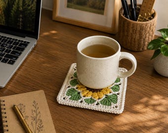 Sunflower Crochet Coaster, Granny Square Mug Rug, Handmade Floral Coaster, Cottagecore Cup Holder, Coffee Table Decor