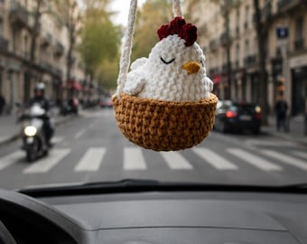 Chicken Car Charm, Cute Chicken Gift for Her, Crochet Chicken Ornament, Kawaii Rearview Mirror Hanging Decor, Gift for her car