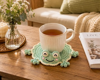 Frog Crochet Coaster, Cute Frog Mug Rug, Handmade Animal Cup Holder, Kawaii Desk Decor, Cozy Coffee Coaster Gift