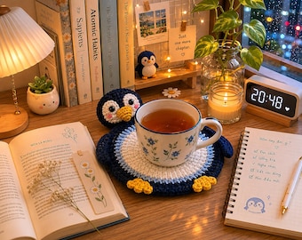 Crochet Penguin Coaster, Penguin Mug Rug, Cute Animal Cup Holder, Handmade Penguin Coaster, Cozy Desk Decor Gift