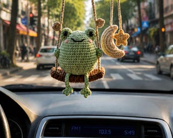 Crochet Frog Car Charm, Frog Swing Ornament, Cute Car Hanging Decor, Kawaii Frog Gift for Her, Handmade Rearview Mirror Accessory