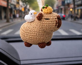 Capybara Car Charm, Cute Capybara Gift for Her, Crochet Car Hanging Ornament, Kawaii Animal Rearview Mirror Decor