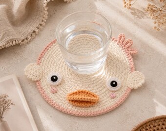 Cute Crochet Chicken Coaster, Handmade Duck Mug Rug, Funny Crochet Cup Mat, Kawaii Coffee Coaster, Cottagecore Desk Decor Gift