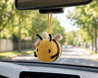 Bee Crochet Car Charm, Cute Bee Rearview Mirror Hanging, Handmade Bee Ornament, Bee Lover Gift, Car Accessories