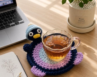 Crochet Penguin Coaster, Penguin Mug Rug, Animal Cup Holder, Cute Desk Decor, Handmade Drink Coaster, Kawaii Kitchen Decor Gift