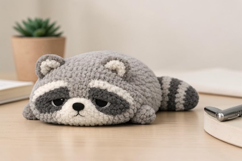 May include: A handmade, plush raccoon toy in shades of gray, white, and black. The raccoon is lying down with a sad expression, featuring a white face with black eye markings and a striped tail. The toy is on a light-colored wooden surface.