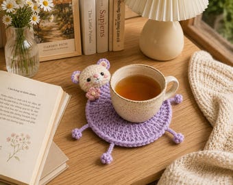 Crochet Bear Coaster, Cute Teddy Bear Mug Rug, Handmade Cup Mat, Kawaii Desk Decor, Cozy Coffee Coaster Gift