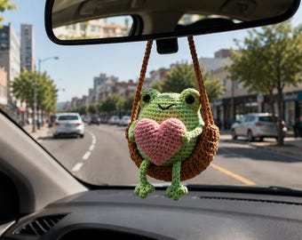 Crochet Frog Car Charm, Frog on Swing Car Hanging Decor, Cute Frog Plushie Ornament, Handmade Gift for Women, Car Mirror Decor