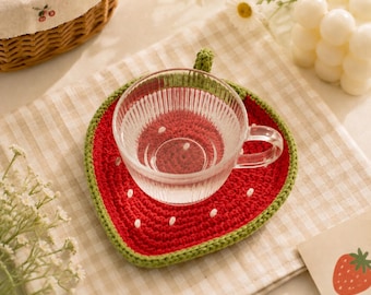 Strawberry Crochet Coaster, Fruit Mug Rug, Cute Kitchen Decor, Handmade Drink Coaster, Aesthetic Desk Accessory