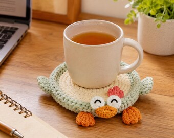 Chicken Crochet Coaster, Cute Chicken Mug Rug, Handmade Animal Cup Holder, Farmhouse Kitchen Decor, Kawaii Coffee Coaster