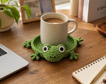 Crochet Frog Mug Rug, Handmade Frog Coaster, Cute Frog Cup Holder, Funny Coffee Mug Mat, Frog Lover Gift, Cottagecore Decor