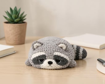 Crochet Raccoon Plush Handmade Gift, Sleeping Raccoon Toy, Cute Amigurumi Animal Plush, Soft Kawaii Decor, Gift for Her Him