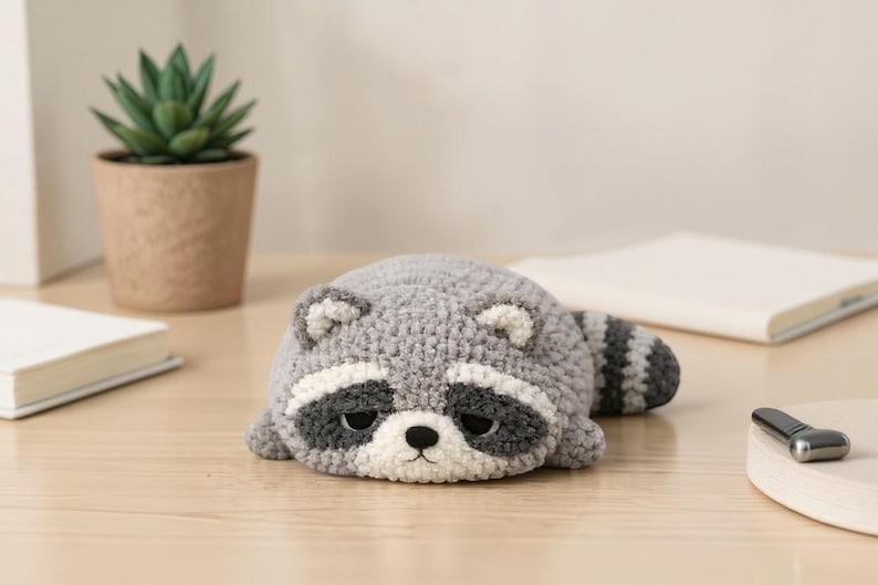 May include: A handmade crochet raccoon toy in gray, white, and black, lying on a wooden surface. The raccoon has a striped tail and a sad expression. A small potted plant and a book are in the background.