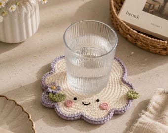 Cute Flower Cloud Crochet Coaster, Kawaii Mug Rug, Handmade Drink Coaster, Cottagecore Desk Decor, Housewarming Gift for Her