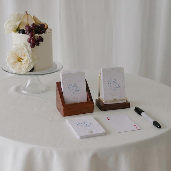 Personalized Playing Card Display Stand, Engraved Wood Deck Holder for Wedding Guest Book Table