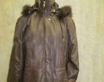Images Dark Brown Leather Coat with Fox Fur Trim On Hood Size Small