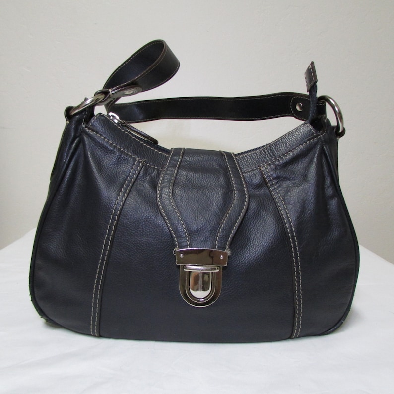 Wilsons Navy Blue Leather Handbag With Silver Slide Lock | Etsy