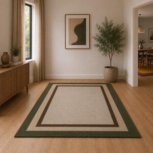 Premium Modern Border Design Carpet | Green & Beige Living Room Area Rug | Elegant Floor Carpet