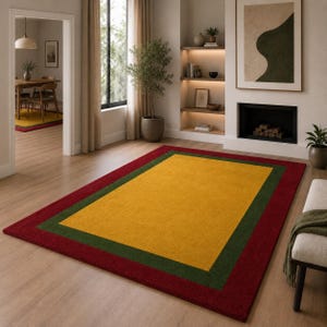 Premium Modern Border Design Carpet | Yellow Center, Green & Maroon Border | Living Room Area Rug
