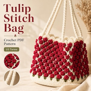 Könnte beinhalten: Eine Häkeltasche mit einem sich wiederholenden roten Tulpenstichmuster auf cremefarbenem Grund und zwei langen cremefarbenen Henkeln. Der Text auf dem Bild lautet: Tulip Stitch Bag, Crochet PDF Pattern, US Terms. Zwei Kreise zeigen das Stichdetail.