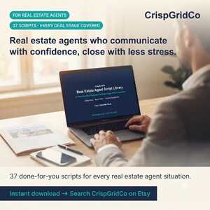 Peut inclure: Un écran d'ordinateur affiche la bibliothèque de scripts pour agents immobiliers CrispGridCo avec 37 modèles mot à mot. Le texte indique : Real estate agents who communicate with confidence, close with less stress. 37 done-for-you scripts for every real estate agent situation.