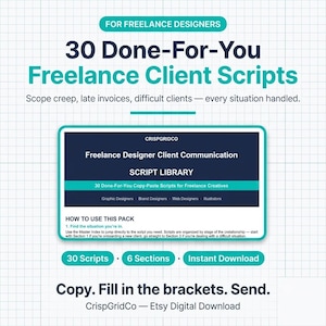 Op de afbeelding: Een digitale download voor freelance ontwerpers met 30 kant-en-klare klantscripts. De afbeelding bevat de tekst: 30 Done-For-You Freelance Client Scripts, CrispGridCo, Freelance Designer Client Communication SCRIPT LIBRARY en How to use this pack.