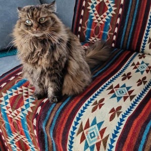May include: A fluffy, long-haired cat with green eyes sits on a colorful blanket. The blanket features a geometric pattern in red, blue, brown, and cream. The cat's fur is a mix of brown and gray, blending with the blanket's warm tones.