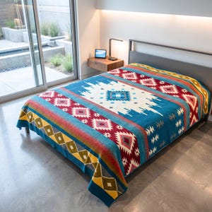 May include: A colorful, patterned blanket in shades of blue, red, and yellow is draped over a bed. The blanket features a central white design with geometric shapes and a border with diamond and zigzag patterns. The bed is in a modern bedroom setting.