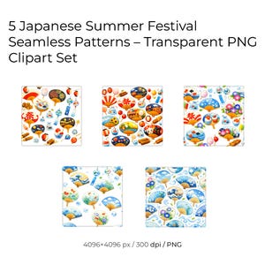 以下が含まれることがあります： 5つの日本の夏の祭りのシームレスパターン、透明PNGクリップアートセット。パターンは、扇子、提灯、その他の日本の伝統的なお祭り要素のカラフルなイラストを特徴としています。画像には「5 Japanese Summer Festival Seamless Patterns - Transparent PNG Clipart Set」というテキストが含まれています。