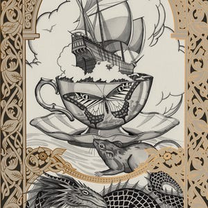 May include: An artistic illustration featuring a teacup with a butterfly design, a ship, a rat, and a dragon. The artwork is framed with an ornate border in shades of beige and black, creating a whimsical and detailed composition.