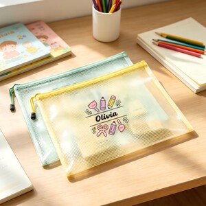 Customizable name grid file bag, cute children's style, learning stationery supplies