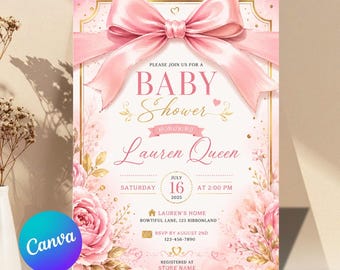 Blush Pink Bow Baby Shower Invitation Template Baby Girl Shower Canva Template Elegant Pink Coquette Baby Shower Invitation Instant Download