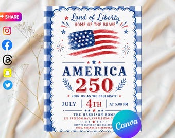 4th of July Invitation Template, America 250 Party Invite, 250th Anniversary Celebration, Editable Canva Patriotic Invite