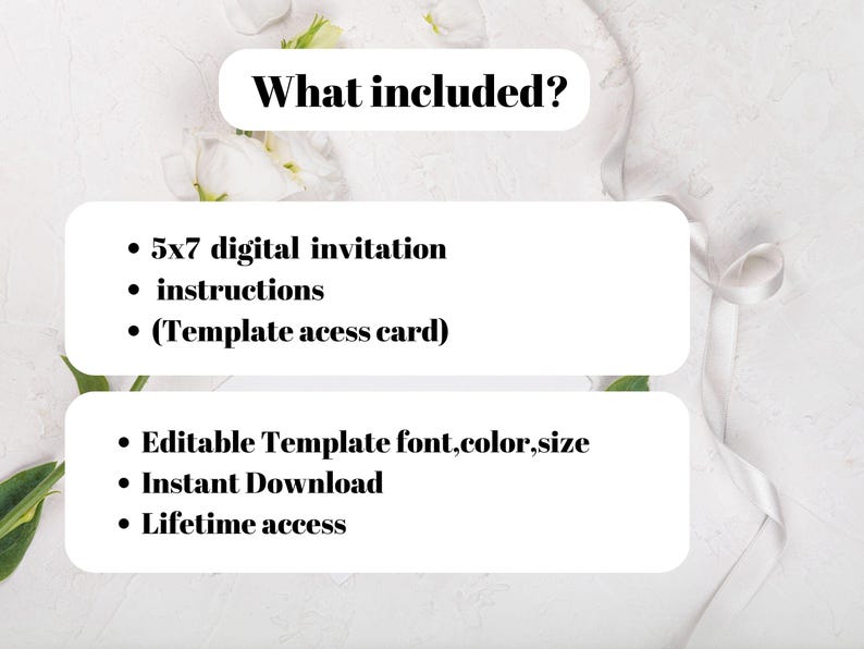 May include: A white informational graphic with black text listing: What included? 5x7 digital invitation, instructions, (Template acess card), Editable Template font,color,size, Instant Download, and Lifetime access, presented on a white background.