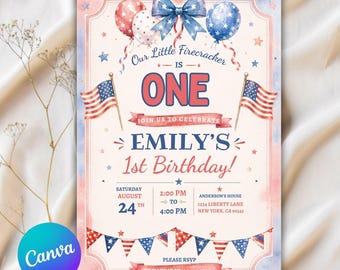 One All American Girl 1st Birthday Invitation, Red White and Blue, 4th of July Birthday Invitation, Summer Girl First Birthday Invitation