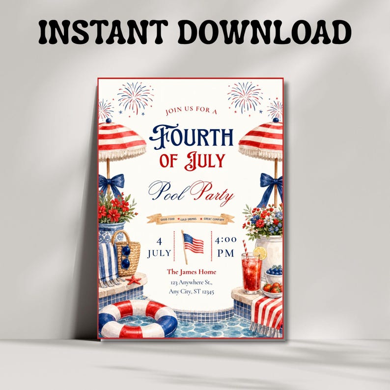 4th of July Pool Party Invitation Template, Red White and Pool Invite ...