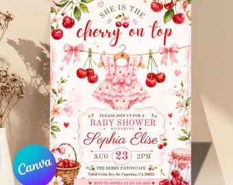 Cherry on Top Baby Shower Invitation, Pink Berry Girl Invite (Digital Download)