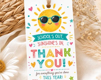 Teacher Appreciation Gift Tags Printable, End of School Year Sunshine Thank You Favor Label, Summer Tag (Instant Download)