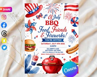 4th Of July BBQ Invitation, Party In USA Invite, Independence Day BBQ Barbeque Invite, July Fourth Food Friend and Firework, Editable Canva