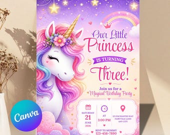 Unicorn Birthday Invitation Template, Pink Magical Sparkle Party Invite, Editable Canva Template for Girls, Instant Download