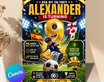 World Cup 2026 Soccer Party Invitation, Football 9th Birthday Invitation, Watch Party Invite, Fifa Match Party, Futbol Bday, Editable Canva