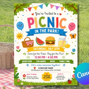 Op de afbeelding: Een kleurrijke picknickuitnodiging met de tekst "PICNIC IN THE PARK!" en illustraties van eten en ballonnen. De uitnodiging bevat de datum, tijd en locatie van de picknick, evenals RSVP-informatie.