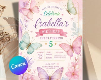 Editable Butterfly Birthday Invitation, Girls Party Invite, Any Age, Purple Butterfly, Pink, Digital Invite, Downloadable, Canva Template